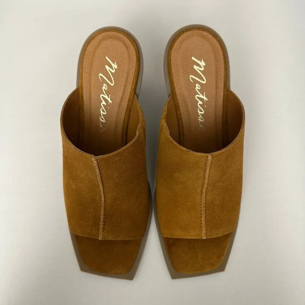 Matisse Lillie Tobacco Suede Sculpted Wedge Mules Boho Square Toe Brown Tan Sz 7